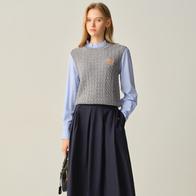 ELAND衣恋毛衣女时尚假两件长袖套头针织衫2025秋季新款 灰色(15)Grey L /170