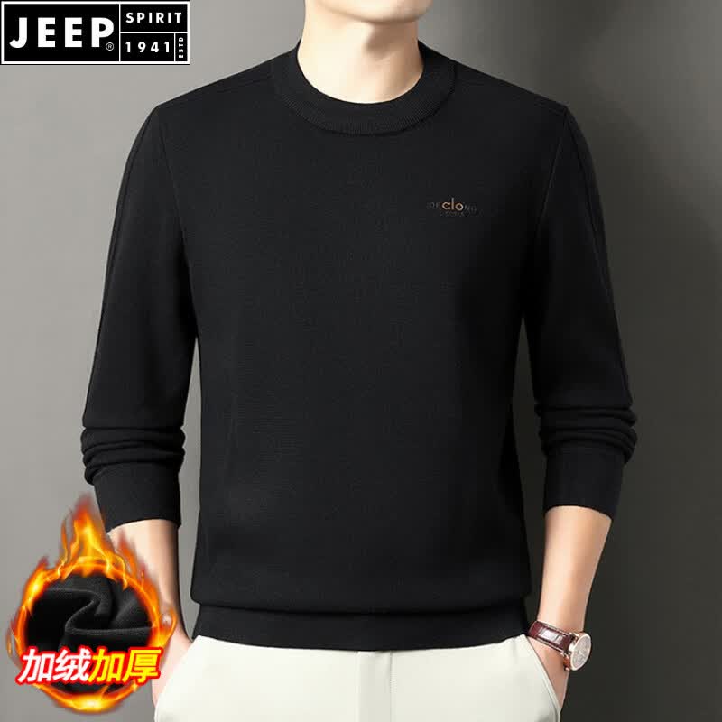 JEEP SPIRIT加绒加厚毛衣冬季2026新款男士商务休闲保暖亲肤上衣打底衫针织衫 黑色 S 165/80A