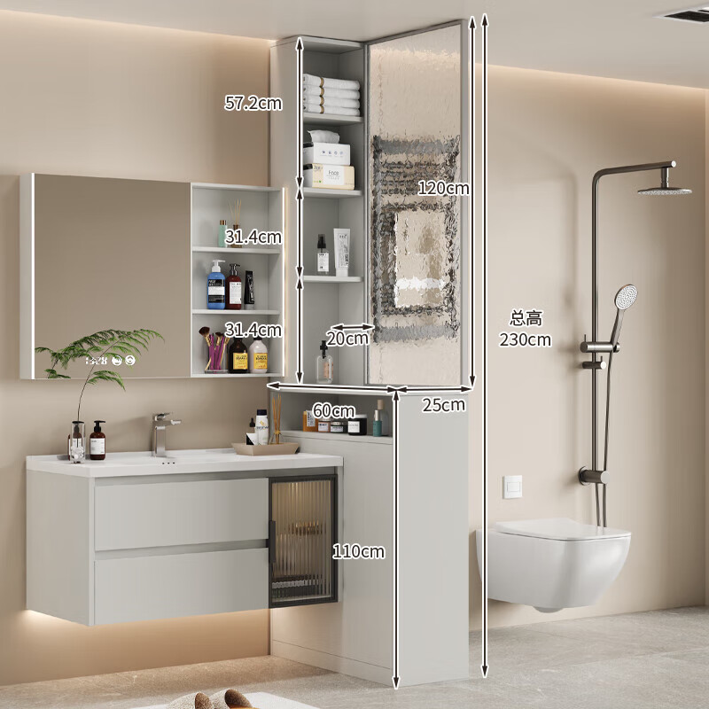 鹏莱乐蜂窝铝浴室边柜卫生间干湿分离半墙隔断柜洗漱台边柜防水侧柜定制 【灰左侧】半墙60*25*110cm