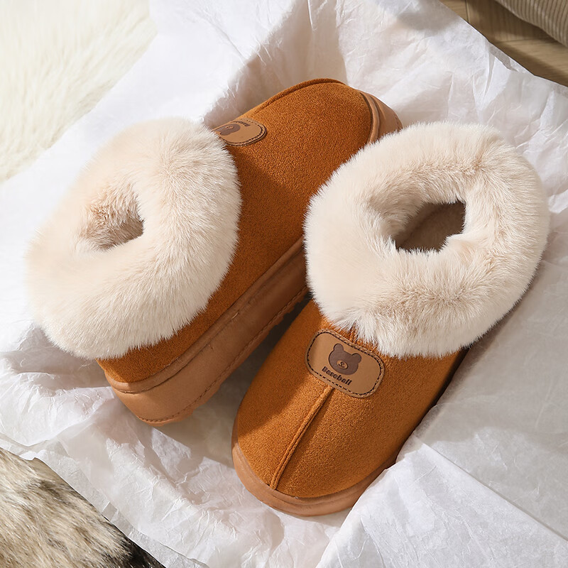 百丽踏包跟棉拖鞋女秋冬季外穿保暖雪地靴防滑厚底居家情侣毛毛绒家用男 毛口JW包跟棕色 单层 36 /37适合35-