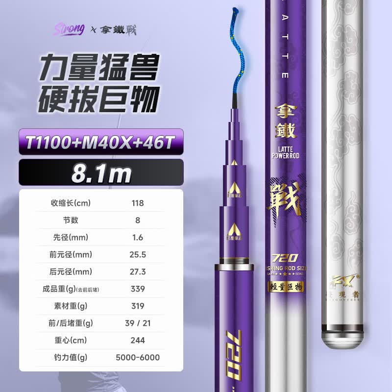 伽玛拿铁战鱼竿手竿综合大物鲢鳙手杆轻量碳素台钓竿小锥度巨物钓鱼竿 8.1m 【硬拔青鲟-巨物7H19调】