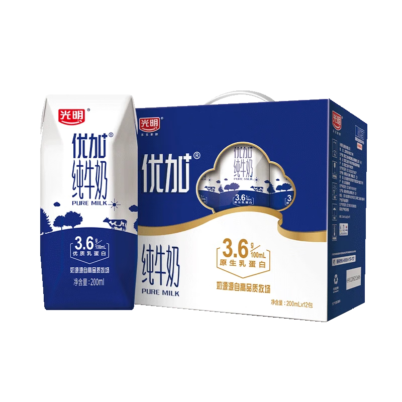 光明 优加纯牛奶200ml*12盒钻石装3.6g蛋白早餐奶礼盒装