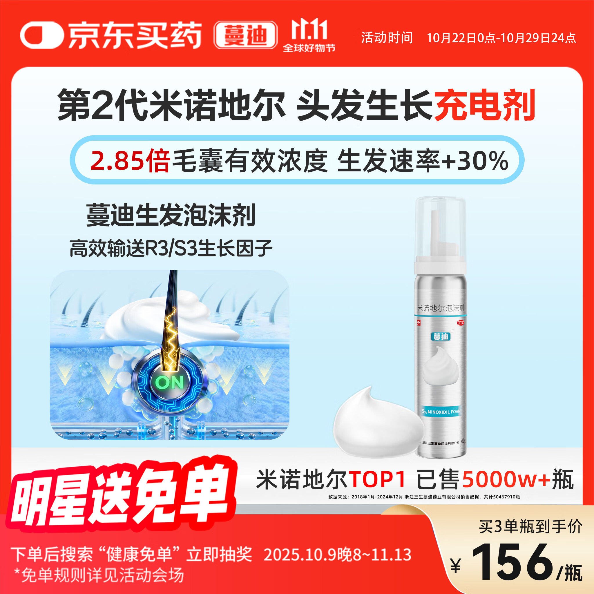 【第二代米诺地尔】蔓迪生发泡沫剂60g（倍速生发 温和不起痘）防脱育发增发液5%浓度酊搽剂