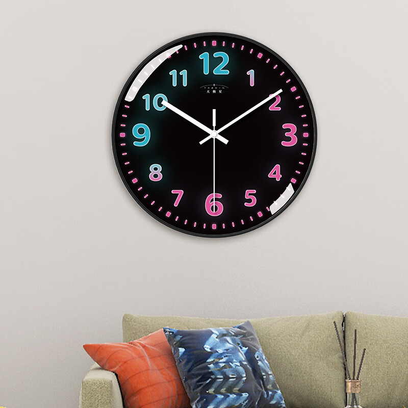 Tazxin儿童卡通霓虹数字挂钟静音创意时尚客厅家用卧室免打孔挂墙石英钟 七彩数字3 14英寸