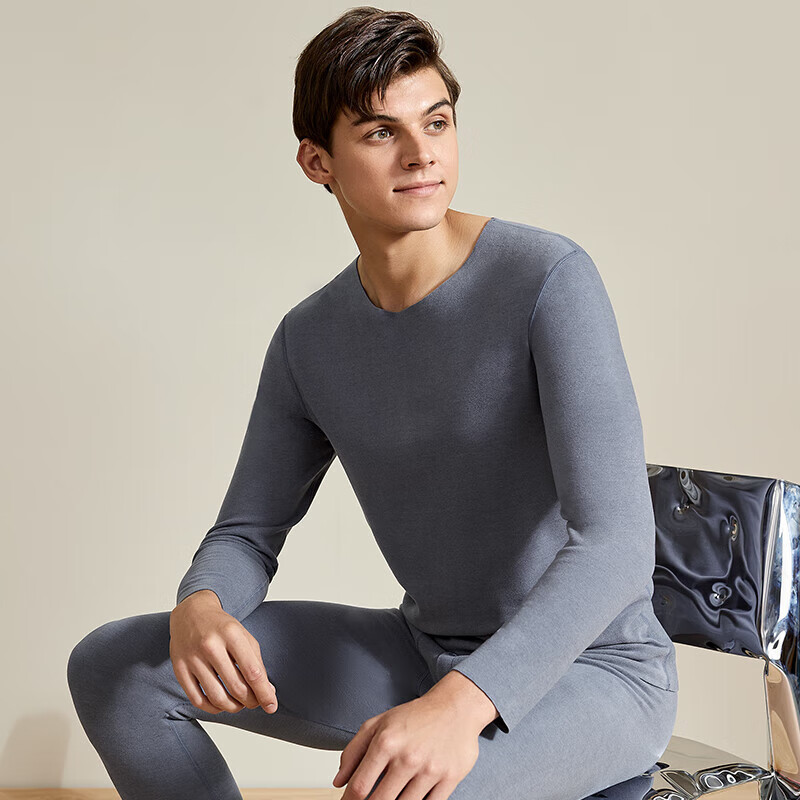 欧迪芬（Ordifen）秋冬打底衣男双面磨毛蓄热高弹防静电秋衣秋裤红色保暖套装 金秋蓝 M