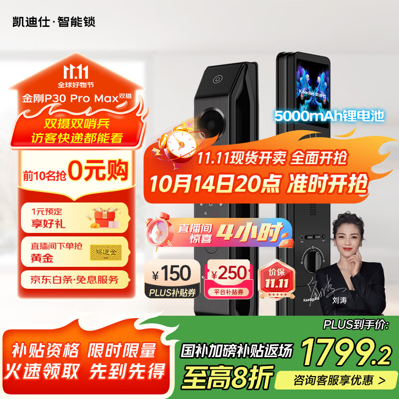凯迪仕（kaadas）智能门锁 双摄人脸识别可视猫眼大屏指纹锁 金刚P30 Pro Max双摄