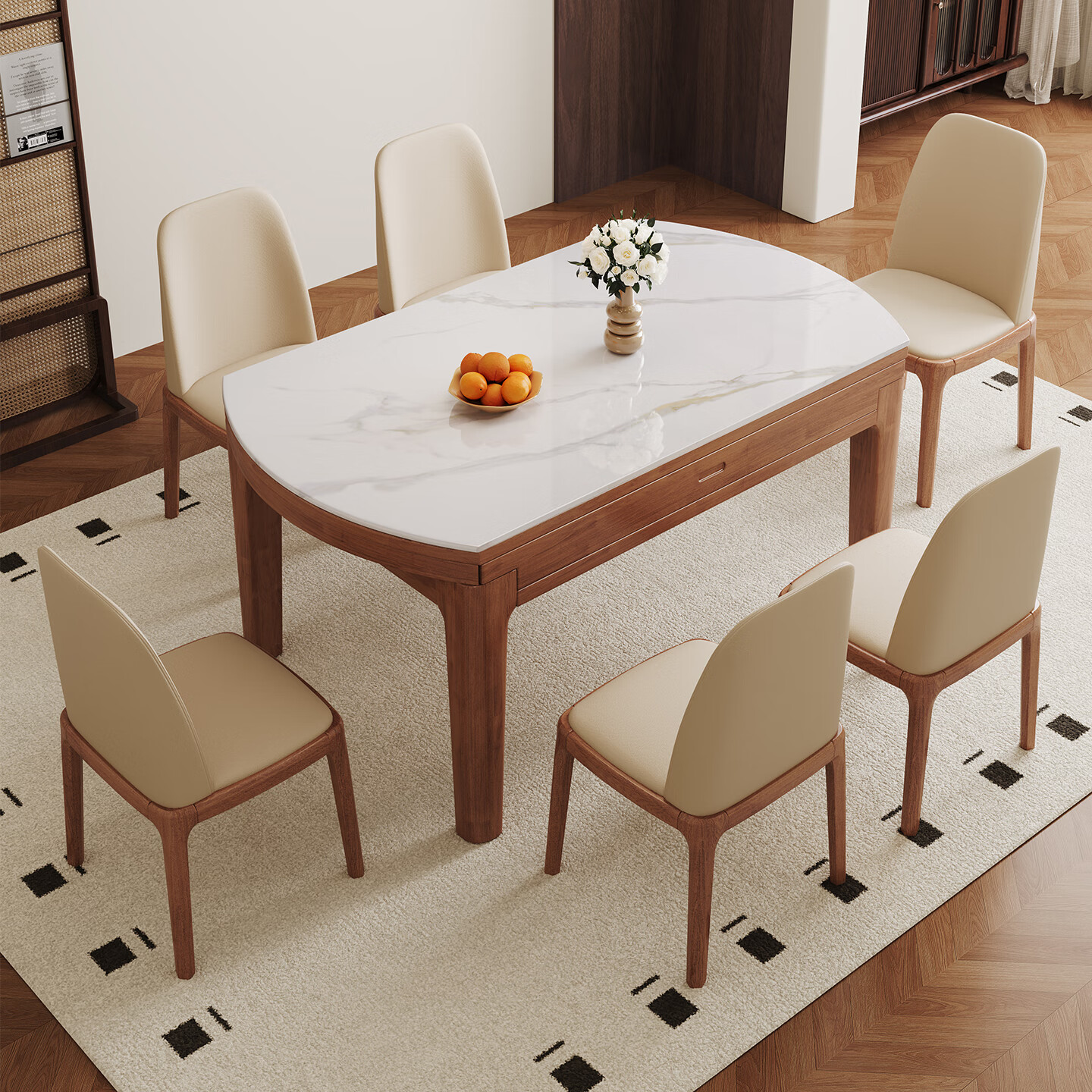 木斌实木岩板餐桌椅子全套现代简约家用小户型伸缩可折叠饭桌客厅圆桌 【12MM岩板】一桌6八角椅（升级四轨） 1.5米