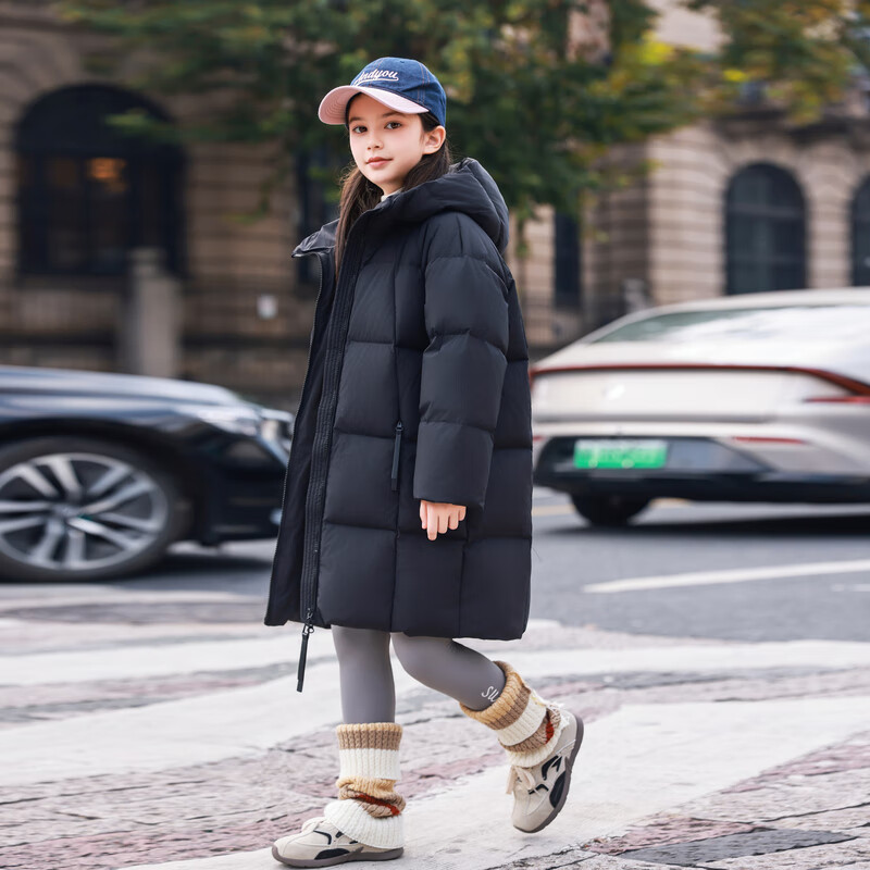 ABC KAIA女童羽绒服中长款加厚保暖外套潮冬季新款洋气中大童羽绒服小女孩 黑色 150