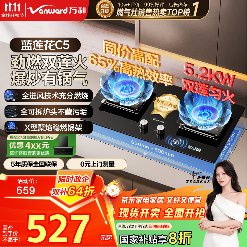 万和（Vanward）【蓝莲花C5·65%热效率】天然气燃气灶5.2kW猛火烟灶联动国家补贴20%嵌入式家用煤气双炉具C5L90S