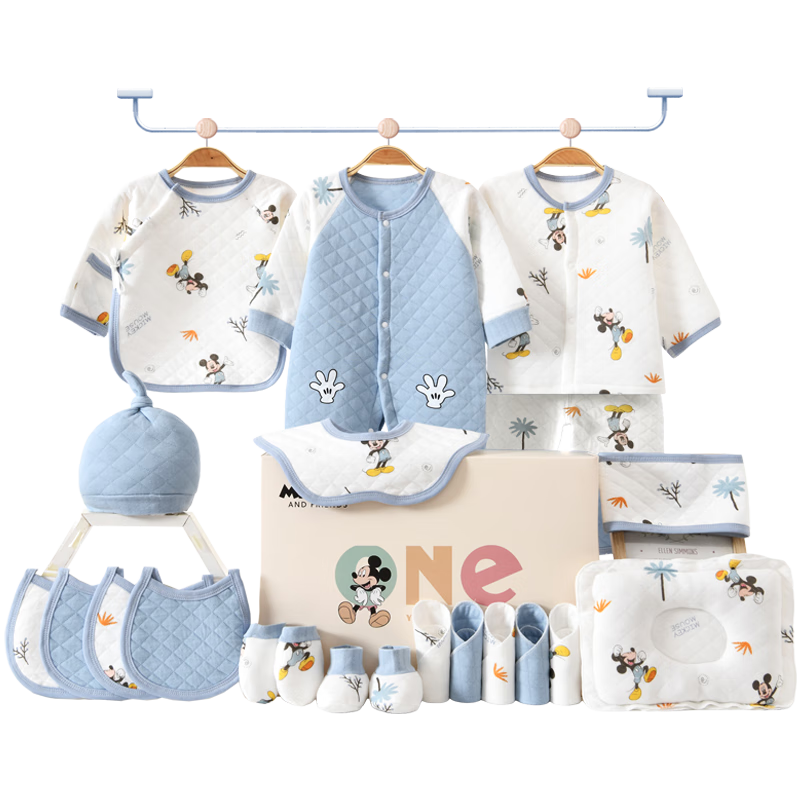 迪士尼嬰兒衣服禮盒純棉新生兒春夏秋冬男女寶寶滿月百天見(jiàn)面禮物用品 【保暖款】藍(lán)色米奇21件套 66cm 適合3-6個(gè)月寶寶