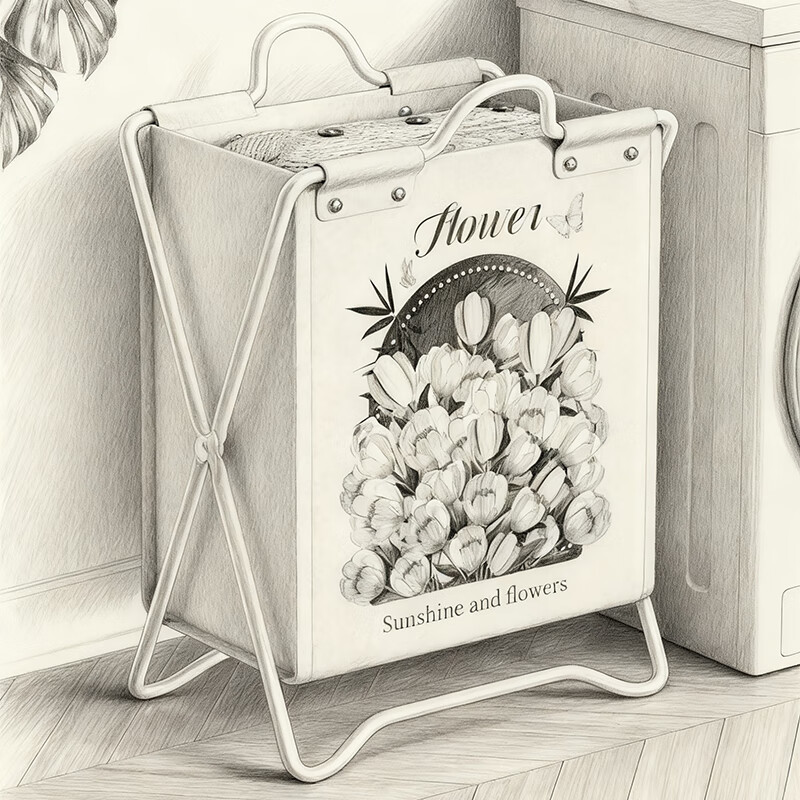 尔思家脏衣篓收纳筐高颜值轻奢家用可折叠收纳桶大容量家用可折叠洗衣篮 花花世界 米白色