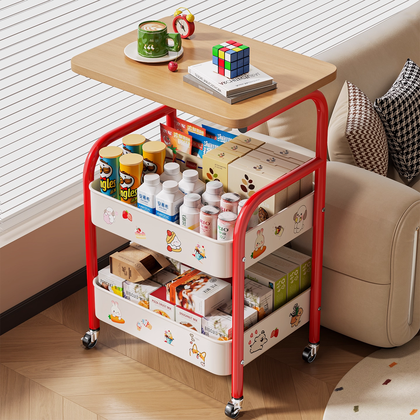 衣炫多巴胺小推车置物架可移动客厅沙发边几卧室床头柜边零食收纳架子 特厚3层-百香果-送DIY贴纸