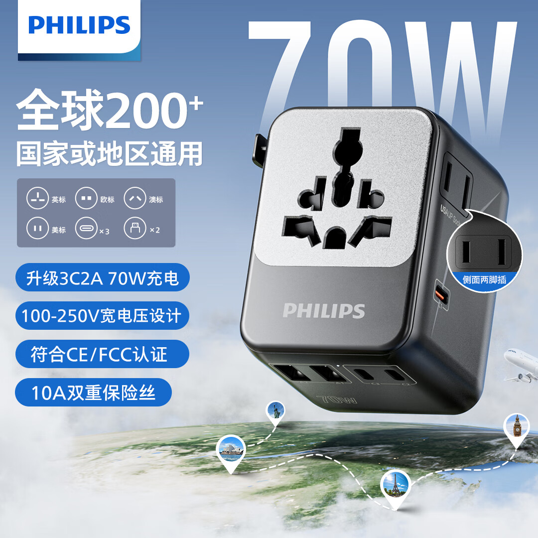 飞利浦(PHILIPS)全球通用旅行转换插头插座转换器英国新加坡香港欧洲多功能 【黑色】70W手机快充 双AC旅行转换插头 SPN1619B/93