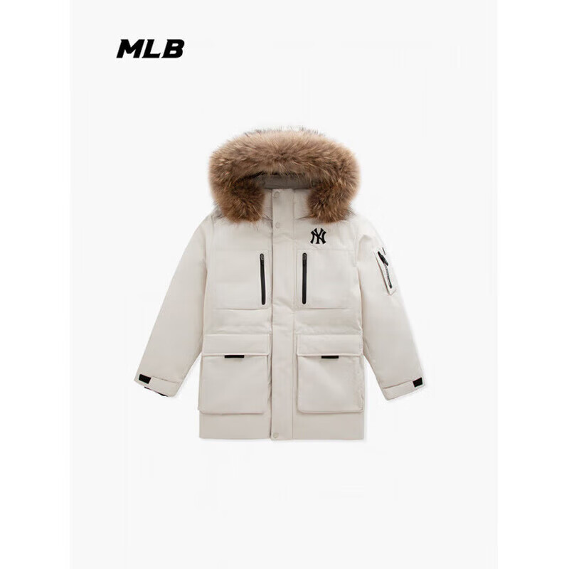 MLB男女张凌赫中长款户外时尚羽绒服加厚鹅绒工装风毛领服24秋冬 纽约洋基队/奶白色 XL