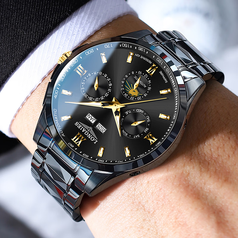 LONGAIES瑞士手表品牌十大名表男款月相陀飞轮手表男士全自动机械表男表 月相款【升级版】本色白面