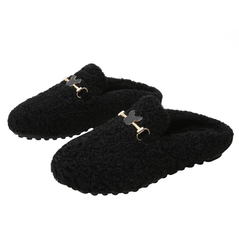 AILUKI日本毛毛鞋女半拖秋冬外穿穆勒鞋加绒包头棉拖鞋平底大码女棉鞋 黑色 33