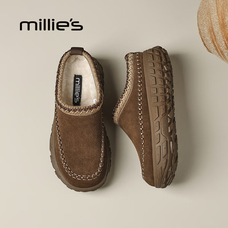 妙丽（Millies）勃肯鞋女厚底加绒复古时尚一脚蹬2025冬季新款百搭包头半拖鞋 咖色 36 (230mm) 标准码