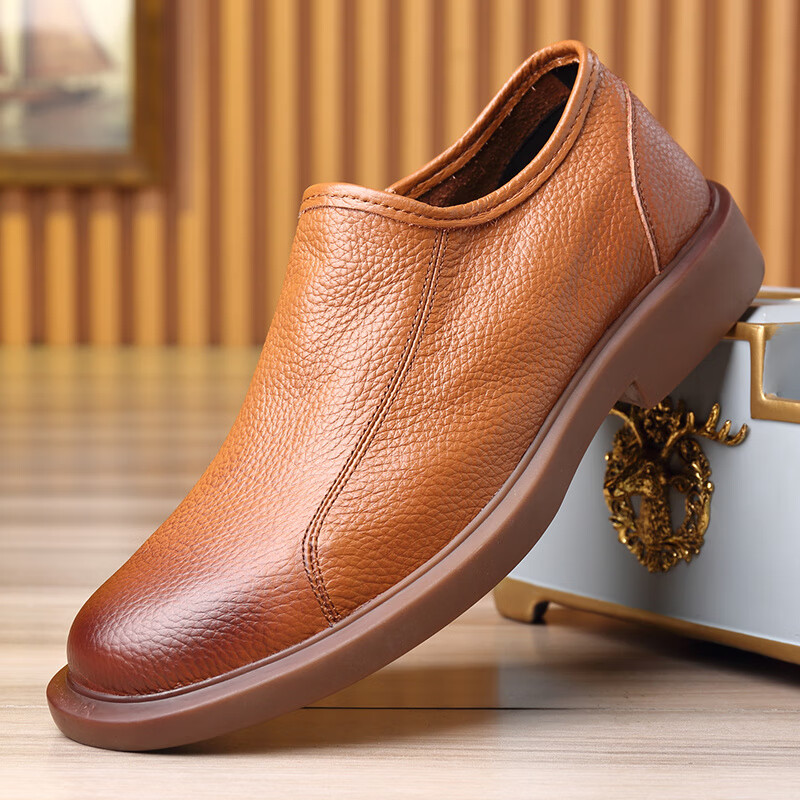 渡诺班尼皮鞋男夏季透气单层男鞋一脚蹬牛筋软底中年爸爸皮鞋 黑色_16068单层 45