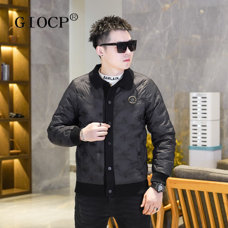 GIOCP香港潮牌冬季欧货针织拼接轻薄翻领羽绒服男时尚修身休闲保暖外套 黑色 M