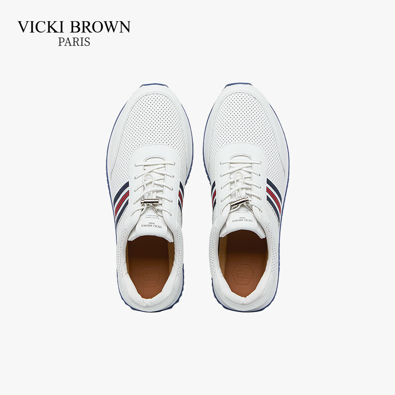 未毕(VICKI BROWN)法国品牌VB男鞋【胜利系列】新款透气网面休闲鞋潮流舒适条纹皮鞋 白色 43