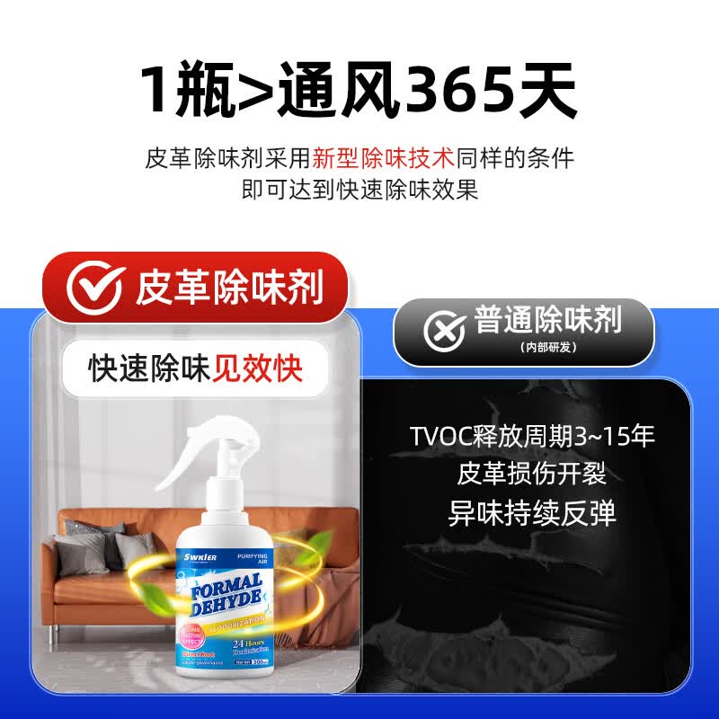 施琪尔皮革除味剂真皮沙发去味剂皮床家具车内皮座椅去除甲醛TVOC喷雾剂 三瓶装【送检测工具*3】