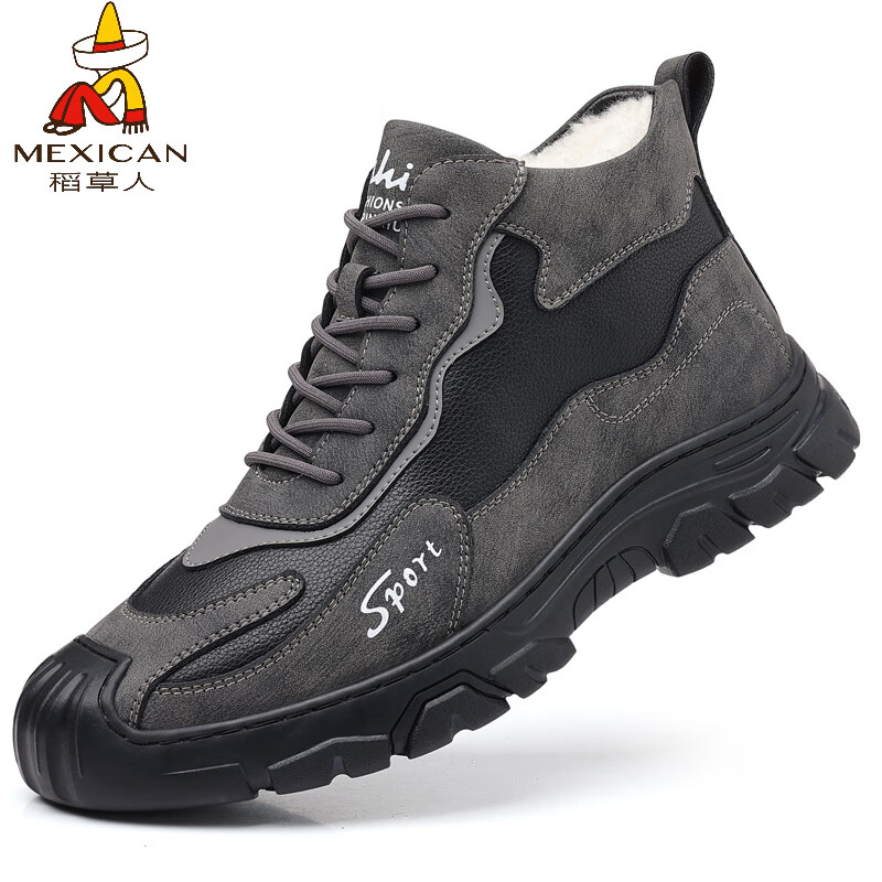 稻草人（MEXICAN）棉鞋男士冬季加绒保暖加厚羊毛爸爸雪地靴真皮防滑厚底高帮男鞋子 10022灰色羊毛款 38