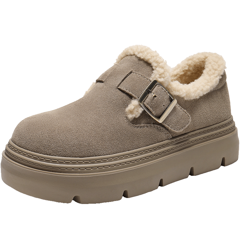 百麗厚底保暖毛毛鞋女2025冬新二層牛皮復(fù)古勃肯鞋JD009DM5 灰毛里 34