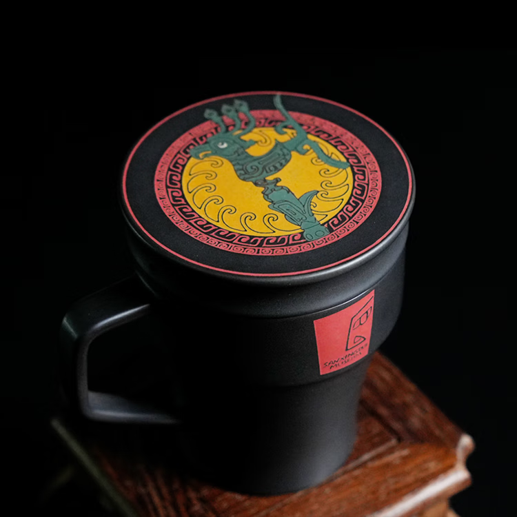三星堆博物馆文创青鸟马克杯带盖杯子喝水杯子建水紫陶茶杯送长辈父亲节礼物 青鸟马克杯-凤鸟白泥款(建水紫陶)