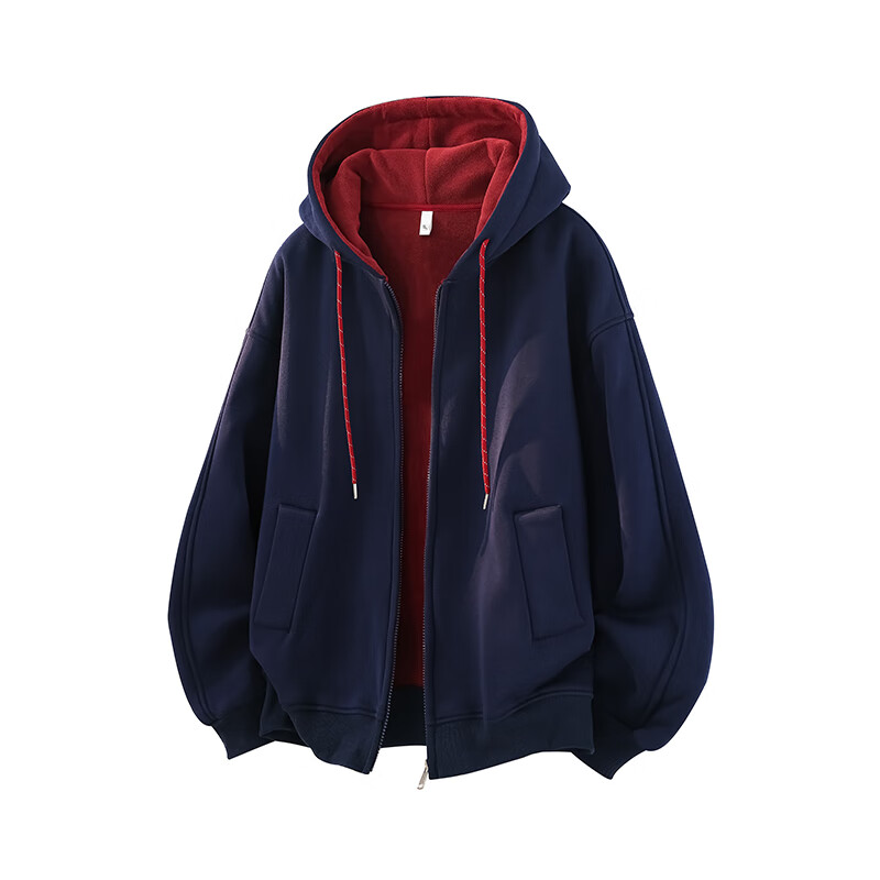 GREATLUIA美式简约双色开衫加绒卫衣秋冬季新款百搭连帽宽松休闲情侣款上衣 藏青加绒 XL