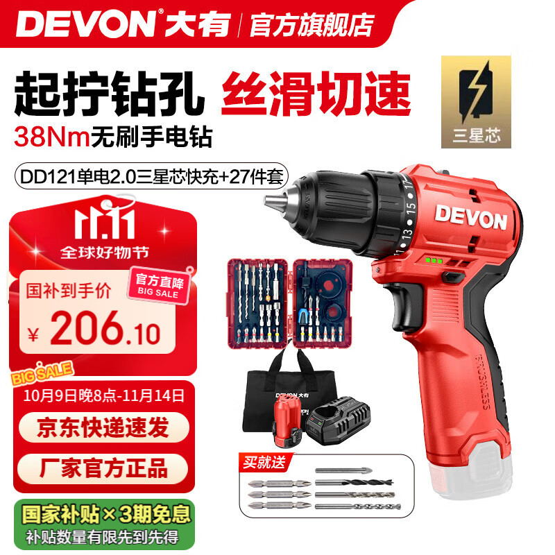 大有（Devon）12V无刷锂电钻手电钻DD121电动螺丝刀起子机38Nm口袋钻家用冲击钻 DD121单电2.0快充+27件套