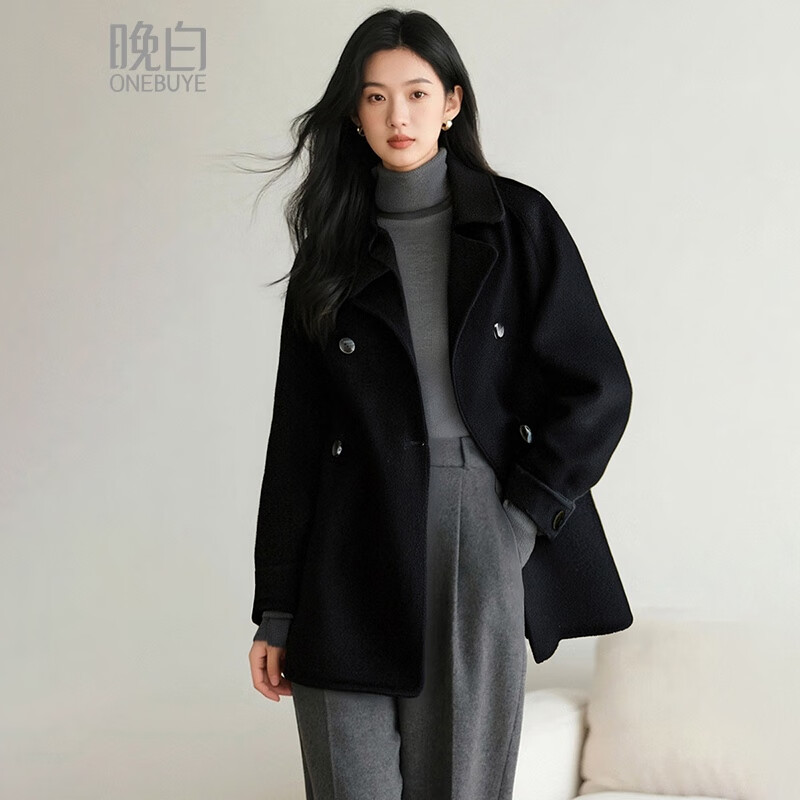 晚白【断码清仓】冬款时尚气质小个子毛呢外套纯色短款绵羊毛大衣女 黑色 XL