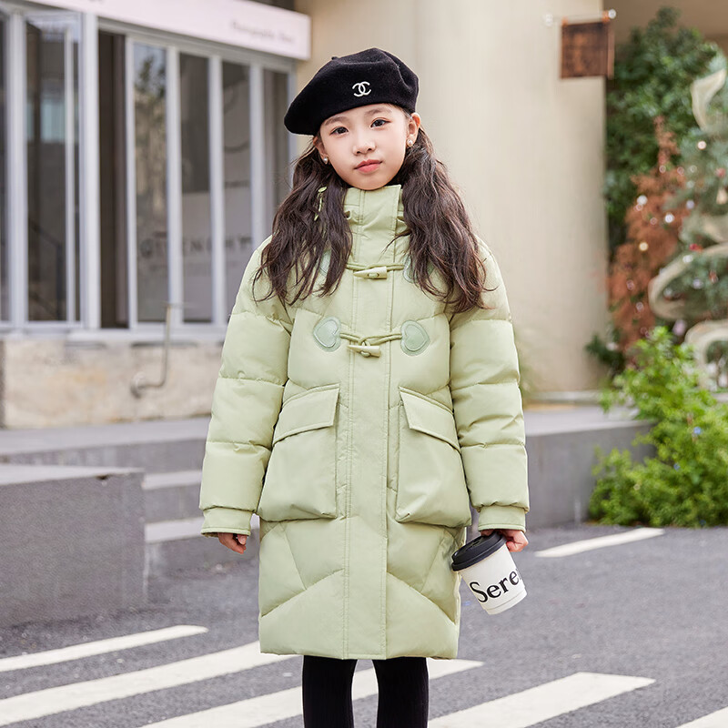 ABC KAIA女童羽绒服中长款2025新款高档洋气中大童冬装防寒加厚小女孩外套 绿色 160