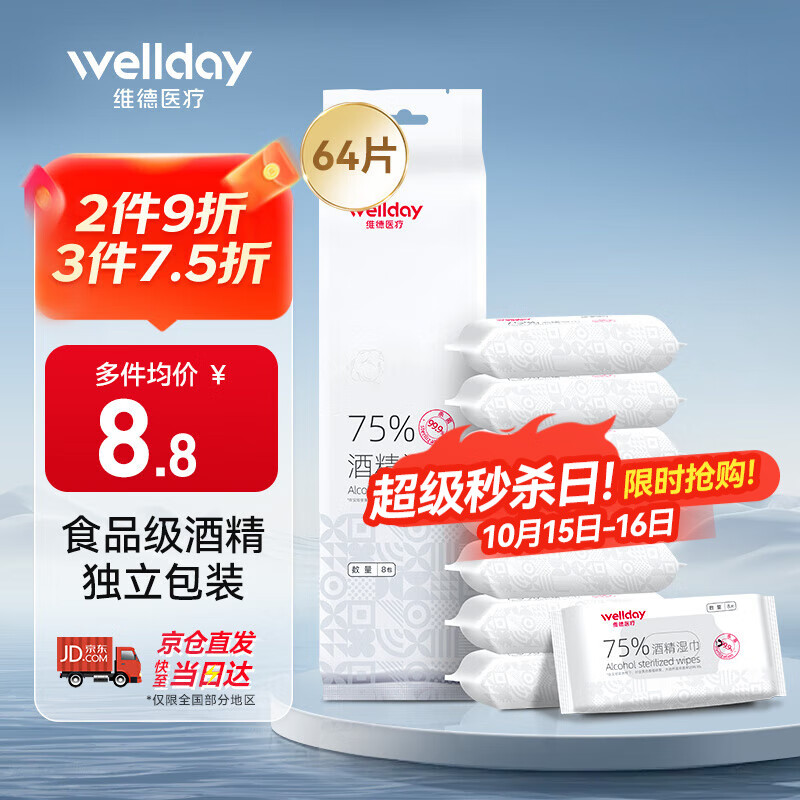 维德（WELLDAY）75%酒精湿巾独立包装99.9%消毒杀菌率便携装包装迷你8片*8包
