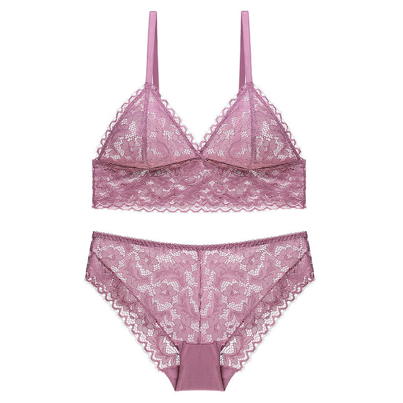 XMXT批发法式性感蕾丝女士内衣无钢圈无排扣文胸套装 粉色 S （适合70ABC)