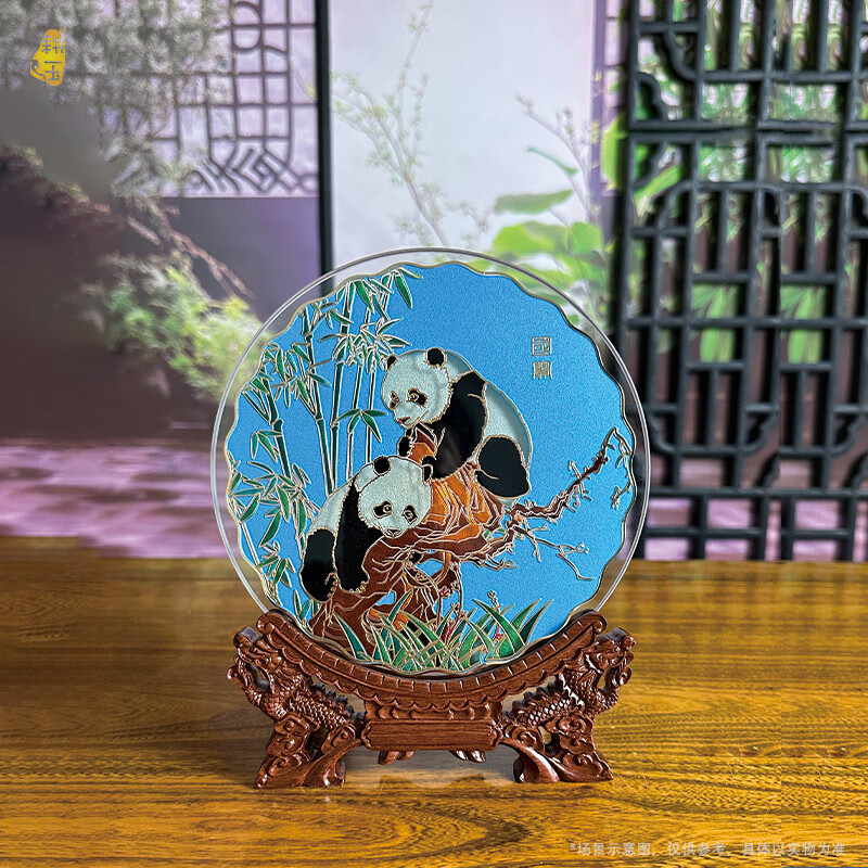 耕玉大熊猫摆件外事礼物送老外宾中国特色工艺品办公室商务桌面高级感 国宝熊猫掐丝手绘盘-金175mm直径