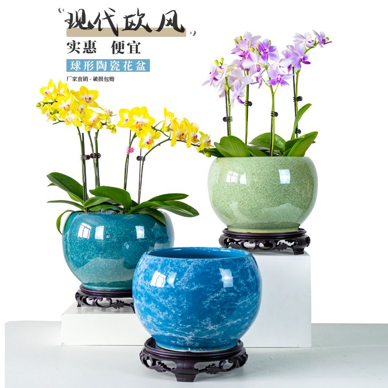 OYKTN球形陶瓷花盆加厚特大号带托盘复古家用创意透气绿萝兰花盆栽 【球形】-冰花绿/S【特大】 尺寸如图