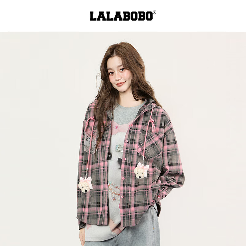 拉拉波波【快乐护卫队系列】LALABOBO衬衫25年秋新款原创格子印花连帽上衣 M