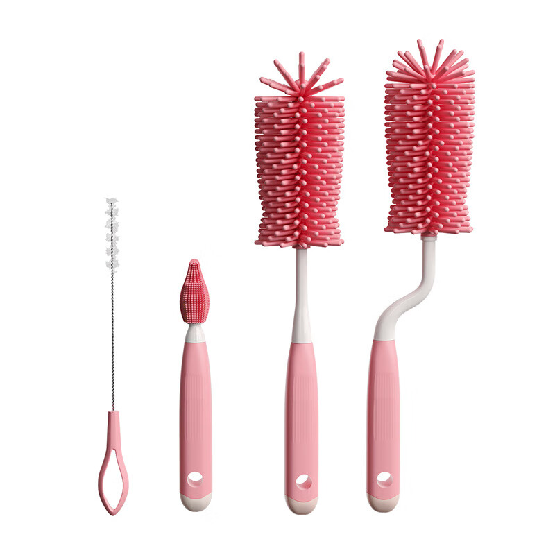 【严选百货】宝宝奶瓶刷清洗刷新生奶嘴刷吸管刷套装旋转洗奶瓶清 粉色直柄刷3件套（opp袋