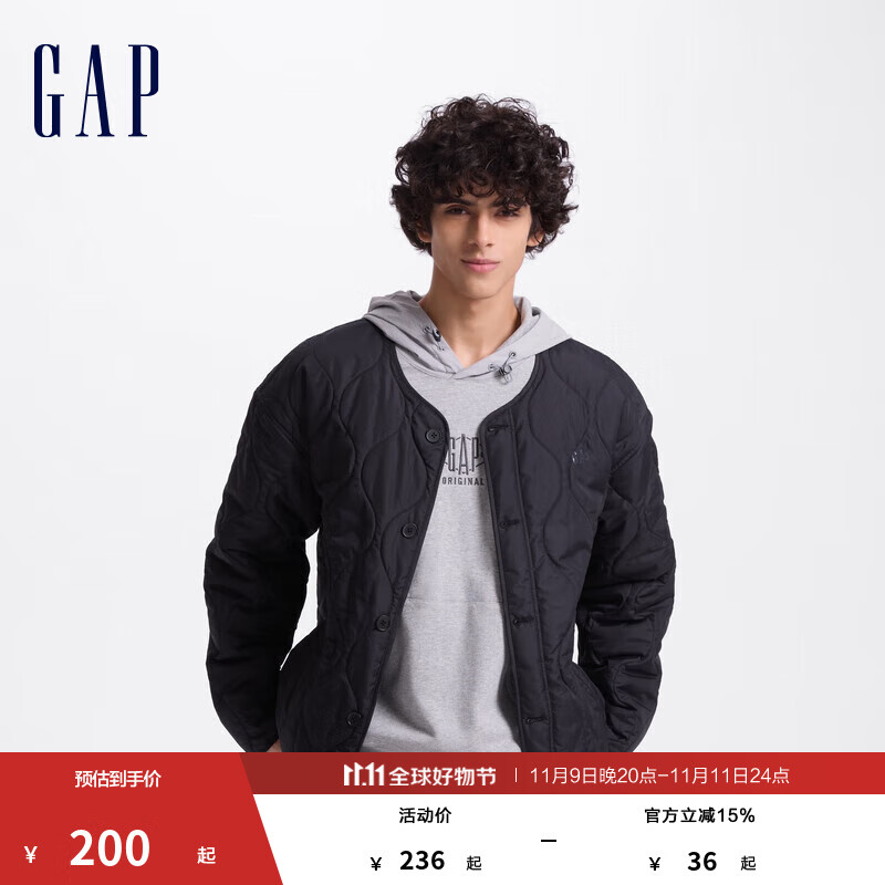 GAP男装印花logo波浪绗线外套轻薄简约风棉服619672 黑色 2XL (185/104A) 亚洲尺码