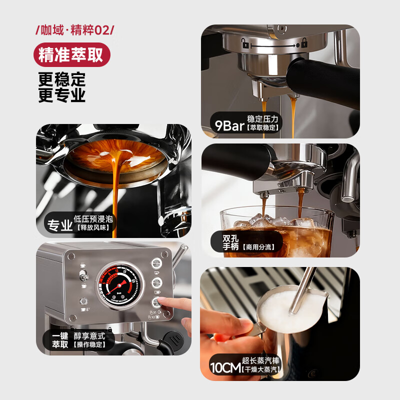 Hanrose意式咖啡机小型咖域精萃02 小型咖啡机复古迷你家用办公 半自动浓缩打奶泡一体机 TCMA01A-3C 20Bar意式咖啡机 意式咖域精萃02