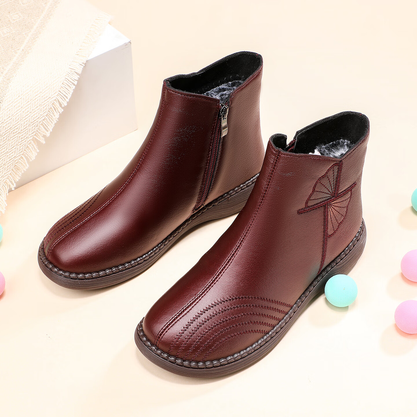 泰和源老北京布鞋短靴女防滑冬季防滑牛筋底加绒加厚保暖高帮妈妈鞋棉鞋 红色 40