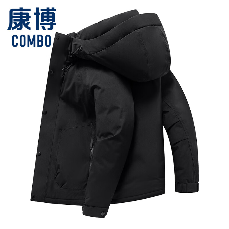 康博冬季休闲连帽羽绒服保暖防寒潮流商务男士外套 黑色 L (175)