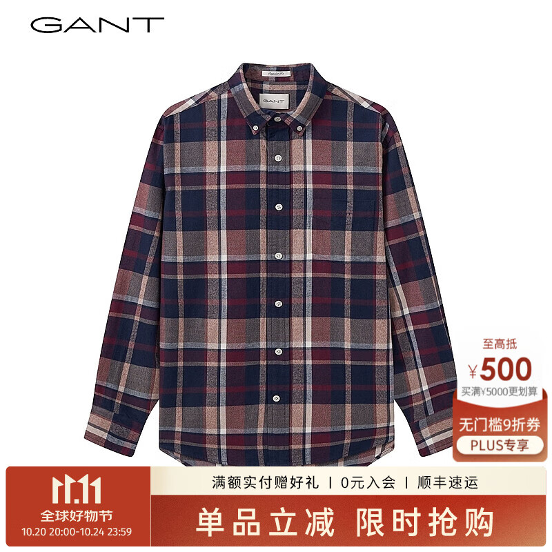 GANT【亚洲版型】甘特春季新款法兰绒格纹翻领舒适百搭复古男衬衫 604丰泽红色 M