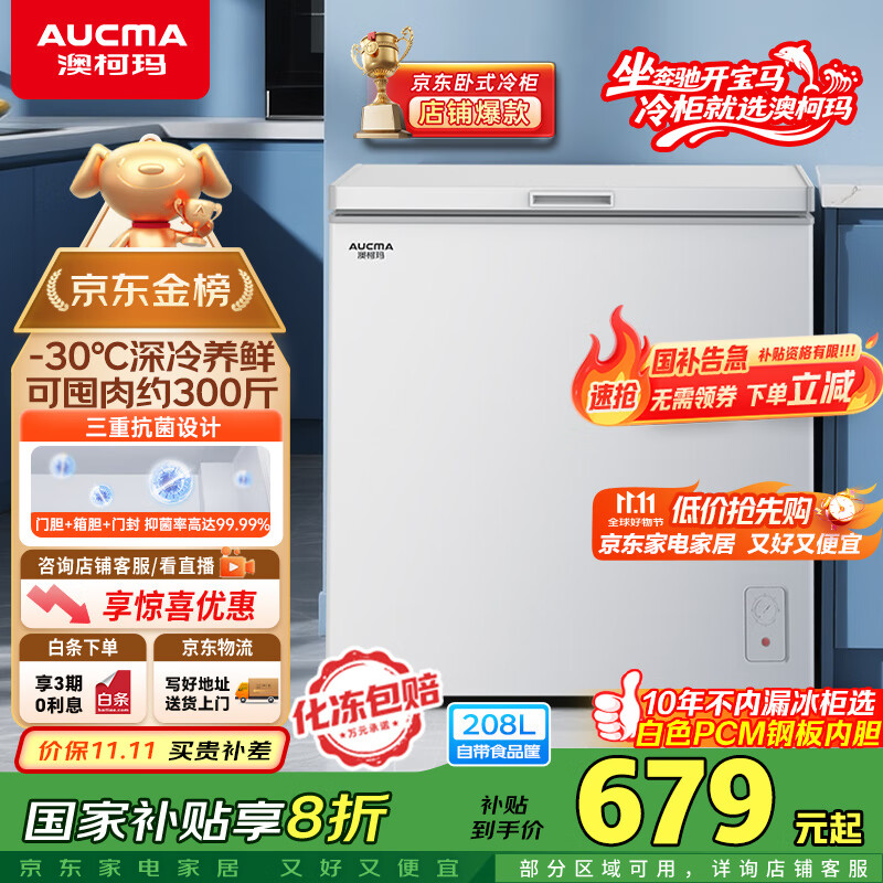 澳柯玛（AUCMA）208升冰柜家用减霜小冷柜 冷藏柜冷冻柜转换 母婴母乳卧式冰箱一级能效 BC/BD-208HNE 国家补贴20%