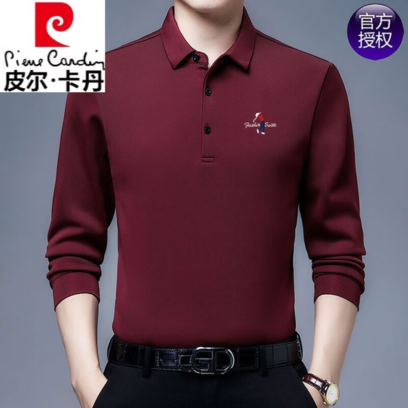 皮爾卡丹（pierre cardin）品牌純棉男士長袖t恤薄款春秋季2025新款男上衣服品牌爸爸polo.衫 525酒紅色(常規(guī)款) 180/2XL【建議155-170斤】