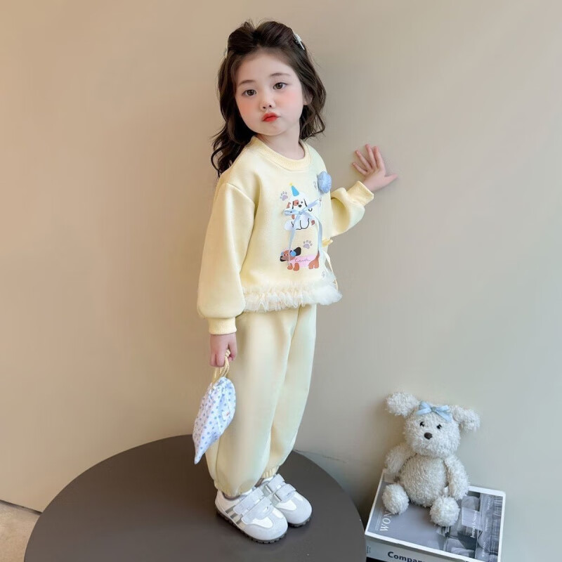 G.duck小黄鸭女童套装春秋25秋装新款洋气卡通宝宝卫衣儿童中小童两件套 黄色 套装 120 【建议身高110-120cm】