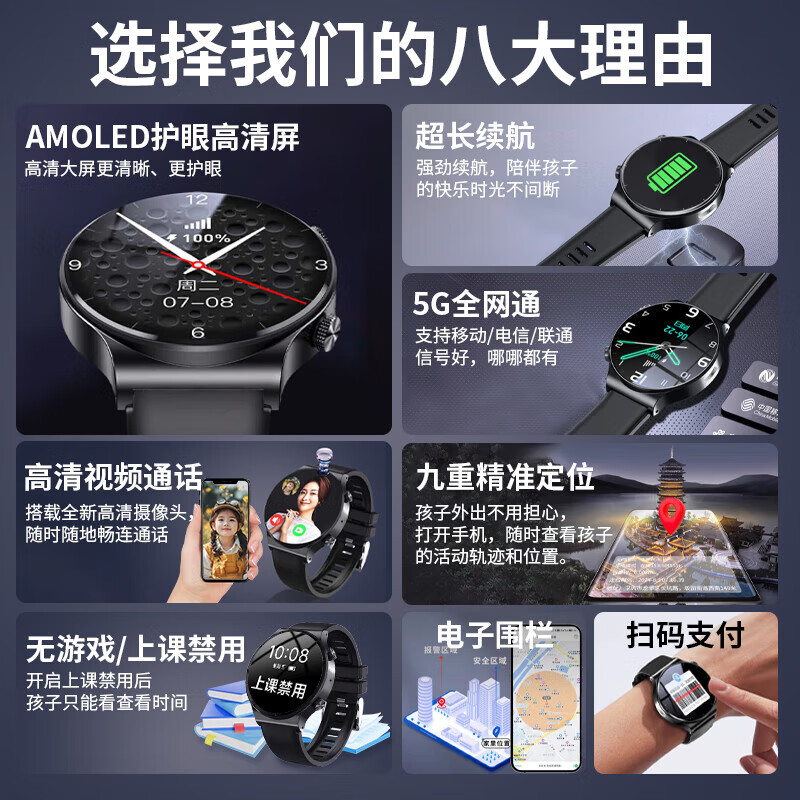 GINLAI智能电话手表青少年初高中生专用学生手表无游戏儿童定位可插卡视频通话全网通学生电话手表 【顶级黑】长续航+防爆屏+全网通+微聊+精准定位