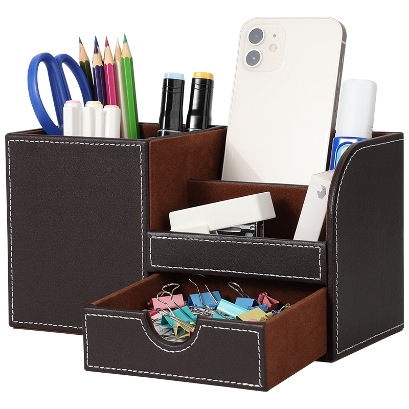 利藍(lán)（LEADLAND）筆筒辦公用品多功能文具收納盒創(chuàng)意商務(wù)禮品名片架皮革桌面小文具雜物收納盒定制 咖色1625