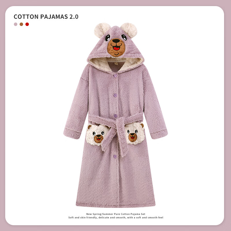 猫人（MiiOW）睡袍儿童秋冬季珊瑚绒浴后加厚男童浴袍小童中大童睡衣家居服 红色（睡袍+裤子） 110 建议身高 101-105