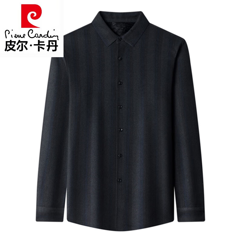 皮尔卡丹（pierre cardin）羊毛长袖衬衫男中年2025年冬季加绒加厚商务休闲深色条纹磨毛衬衣 9812款兰条 M 165